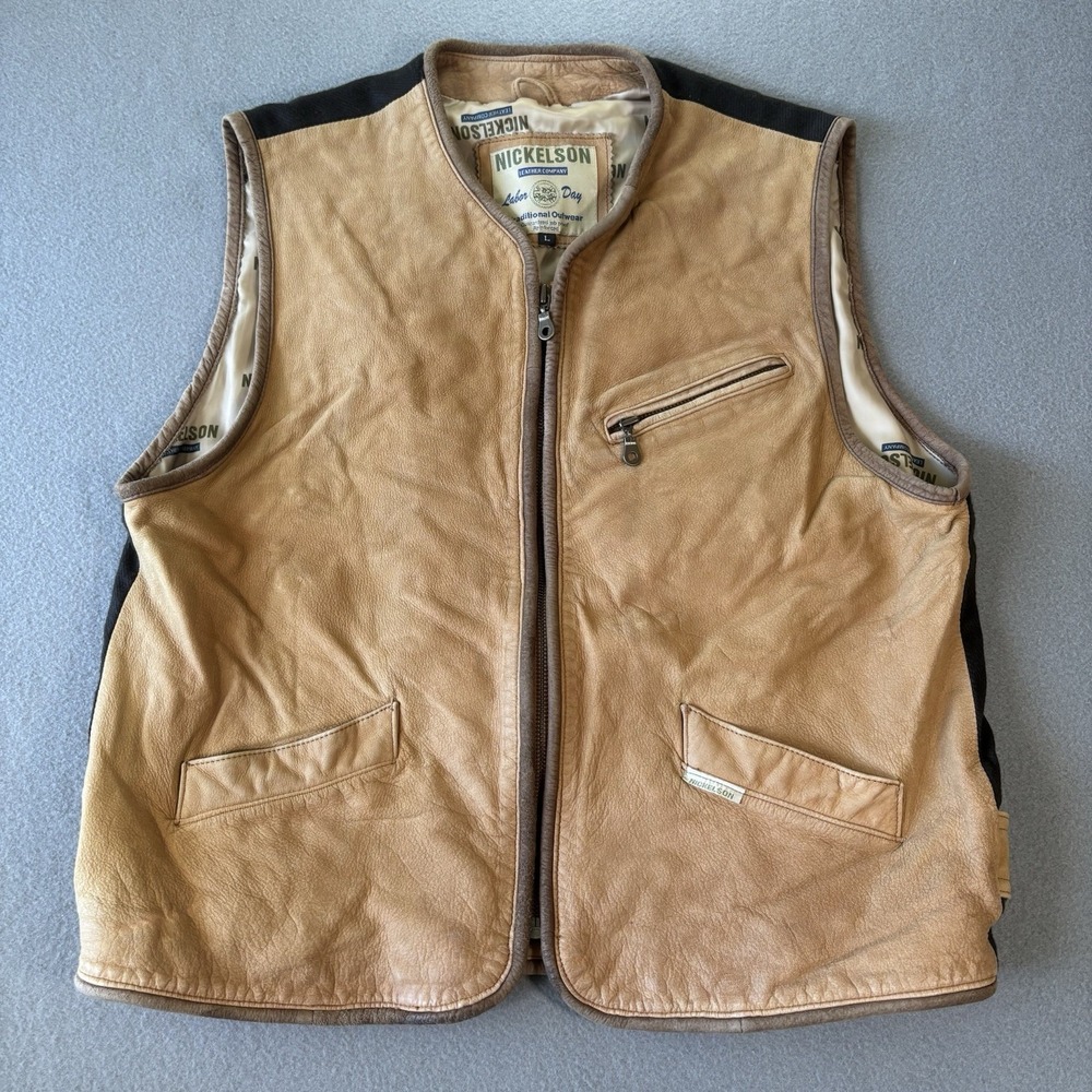 Vintage Nickelson Leather Vest Mens L Tan Black Labor Day Biker Western Moto